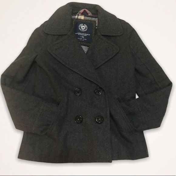 🦅 AEO Wool Blend Charcoal Gray Pea Coat - Picture 2 of 8